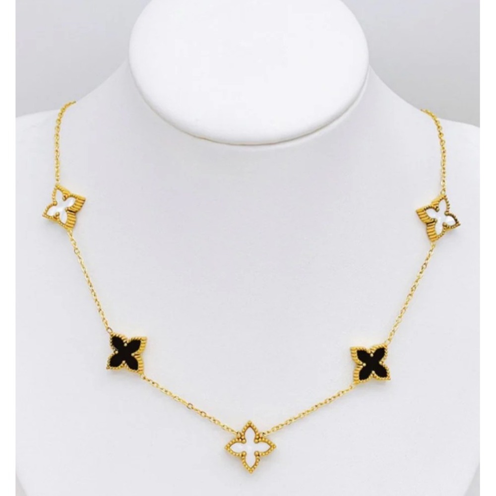 NEW Yellow Gold Vermeil Onyx Flower Necklace, 16-18”